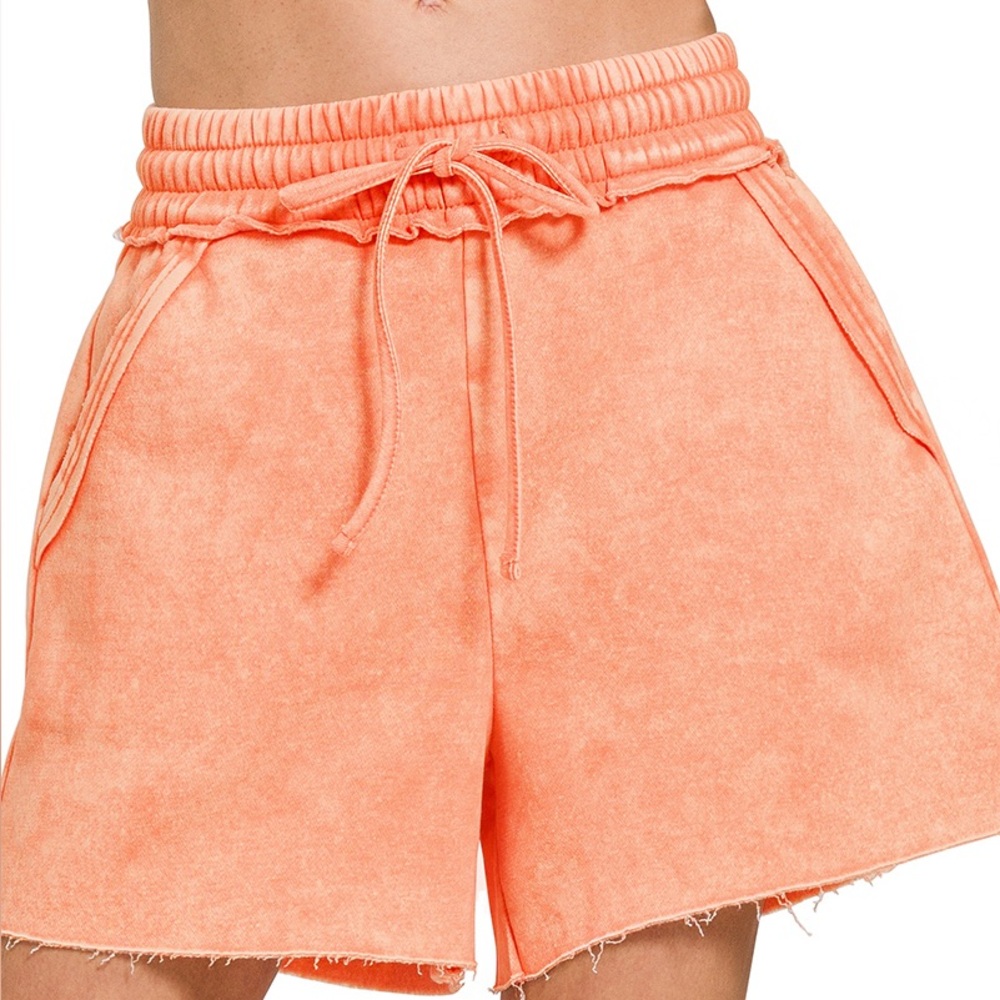 Acid Wash Fleece Drawstring Shorts with Pockets in Coral